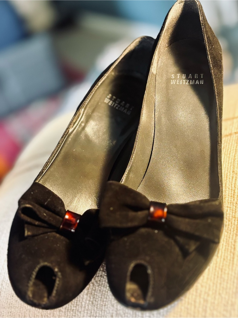 Stuart Weitzman Black Bow Peep-Toe Flats